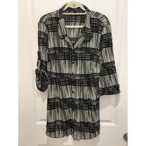 Style & Co. Blouse 1X Woman Black Tan Button Up Roll Up Or Leave Down Sleeve